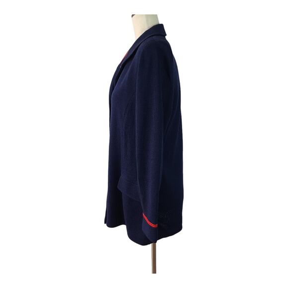 St John Navy Blue Red Gold Button Front Knit Cardigan Sweater Medium - Picture 2 of 5